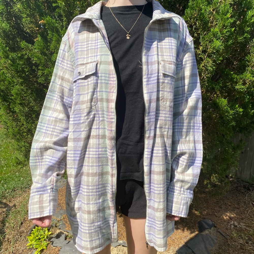Chaps Pastel Plaid Gray and Cream Lightweight Zip Up Shirt Jacket Plus Size 2X